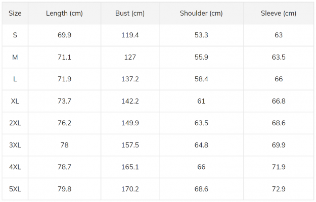 Men's and Women's Bomber Jacket Size Chart cm