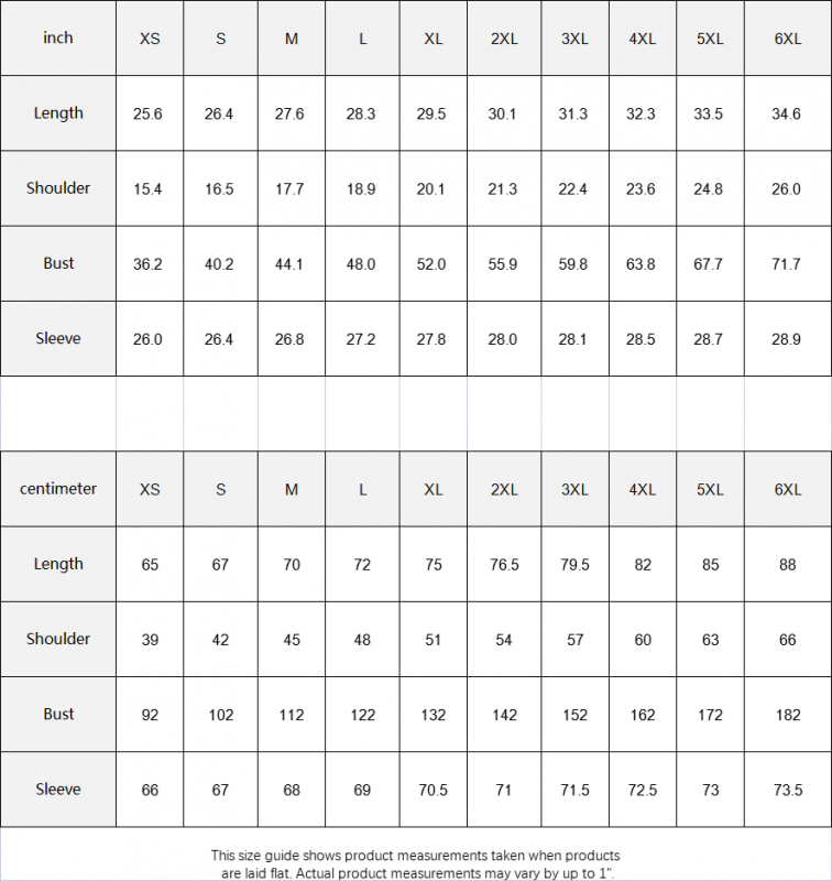 Men and Women Hoodie Size Chart