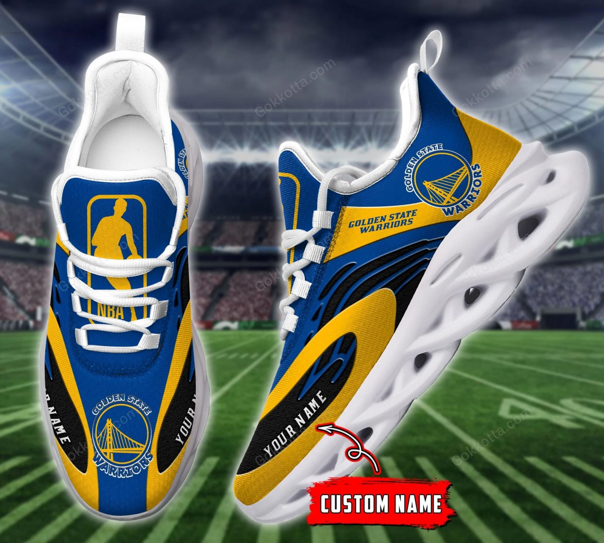 NBA Golden State Warriors Custom Name Gold Blue Max Soul Shoes NBA Golden State Warriors Custom Name Gold Blue Max Soul Shoes