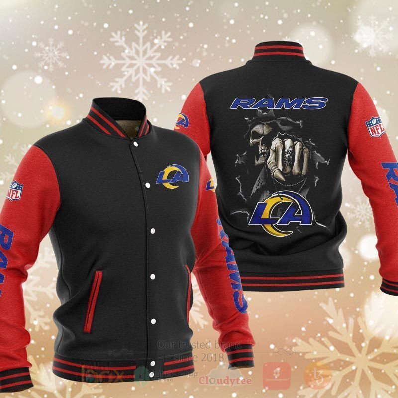 NFL Los Angeles Rams Rugby Death Skull Black Red Baseball Jacket NFL Los Angeles Rams Rugby Death Skull Black Red Baseball Jacket