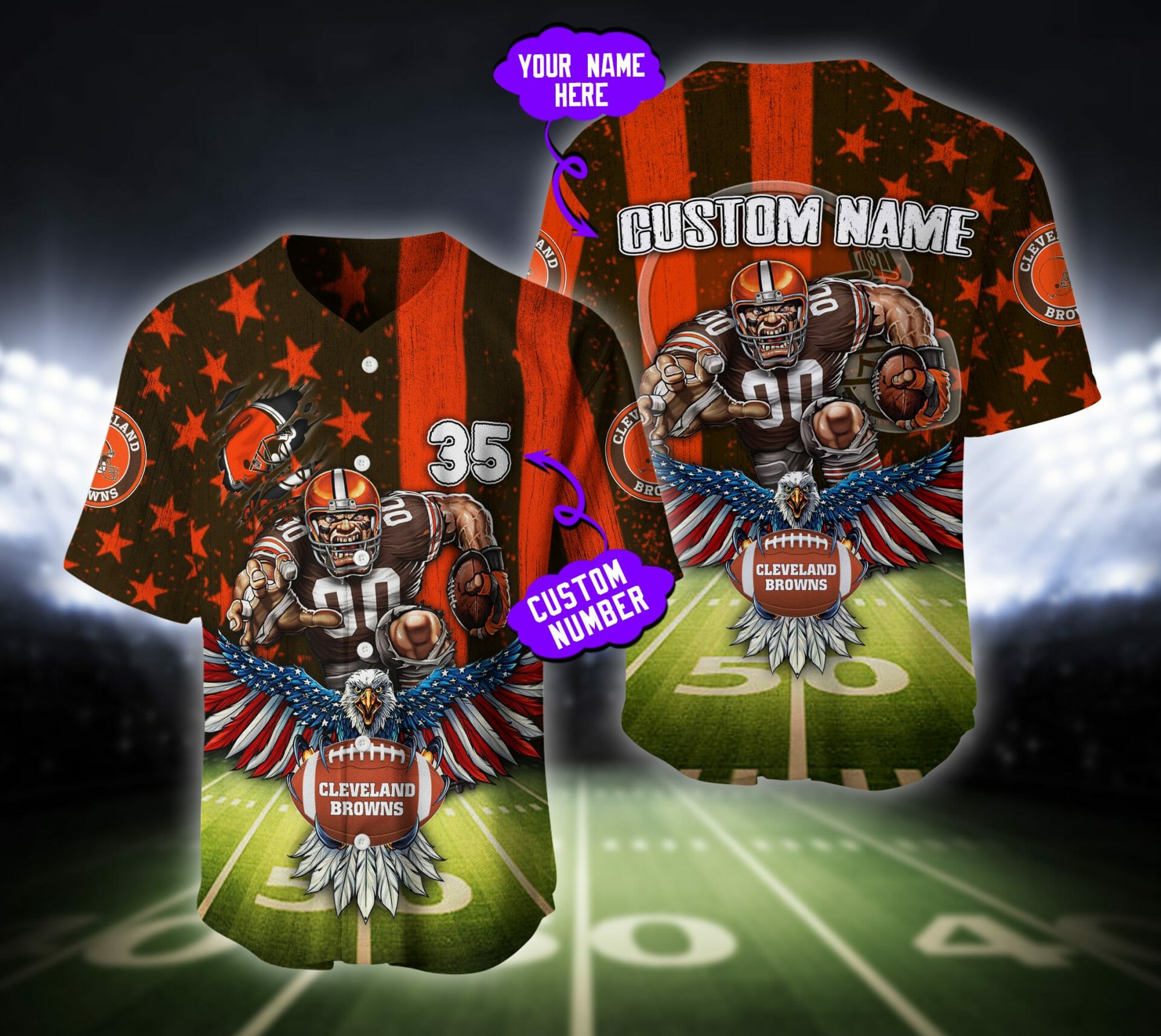 NFL Cleveland Browns Custom Name Number America Flag Baseball Jersey NFL Cleveland Browns Custom Name Number America Flag Baseball Jersey