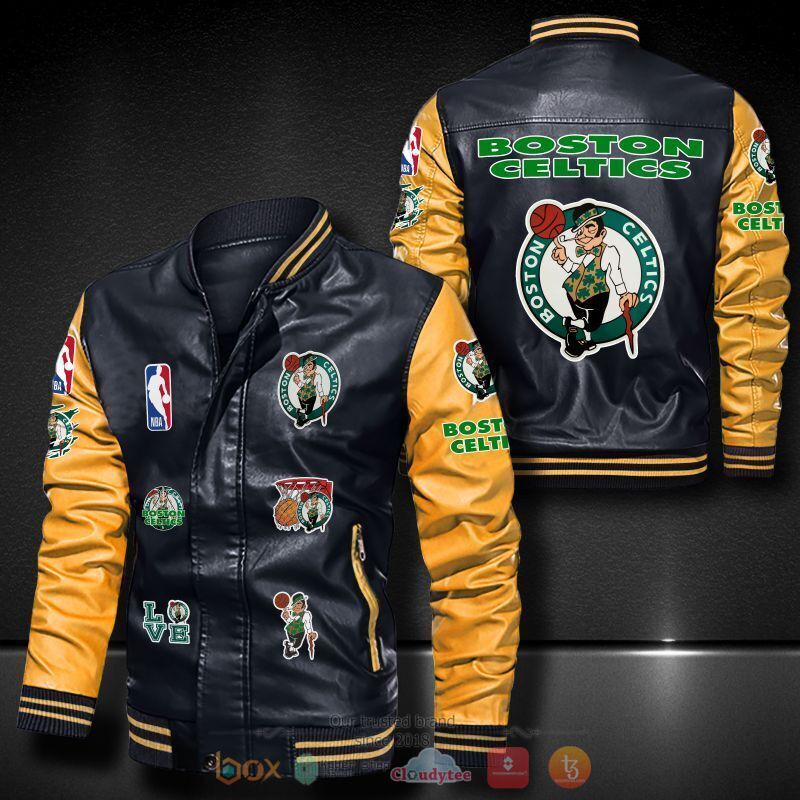 NBA Boston Celtics Black Yellow Leather Bomber Jacket NBA Boston Celtics Black Yellow Leather Bomber Jacket