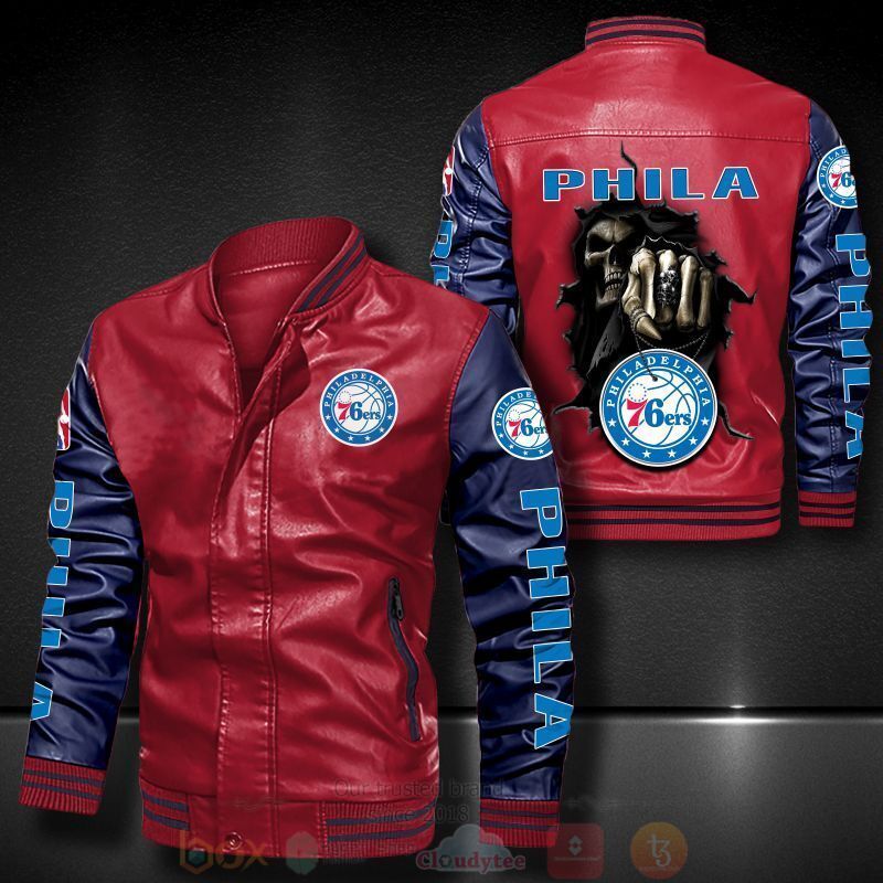NBA Philadelphia 76ers Red Navy Blue Skull Leather Bomber Jacket NBA Philadelphia 76ers Red Navy Blue Skull Leather Bomber Jacket