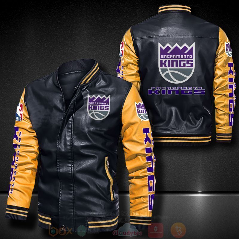 NBA Sacramento Kings Black Yellow Love Logo Leather Bomber Jacket NBA Sacramento Kings Black Yellow Love Logo Leather Bomber Jacket