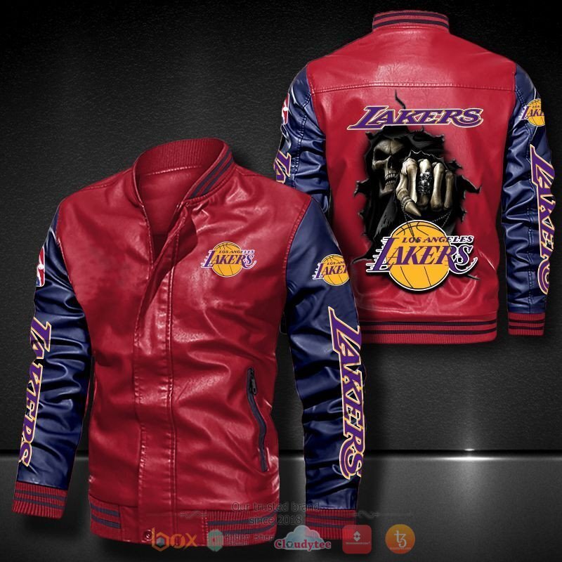 NBA Los Angeles Lakers Red Navy Blue Punching Skull Leather Bomber Jacket NBA Los Angeles Lakers Red Navy Blue Punching Skull Leather Bomber Jacket