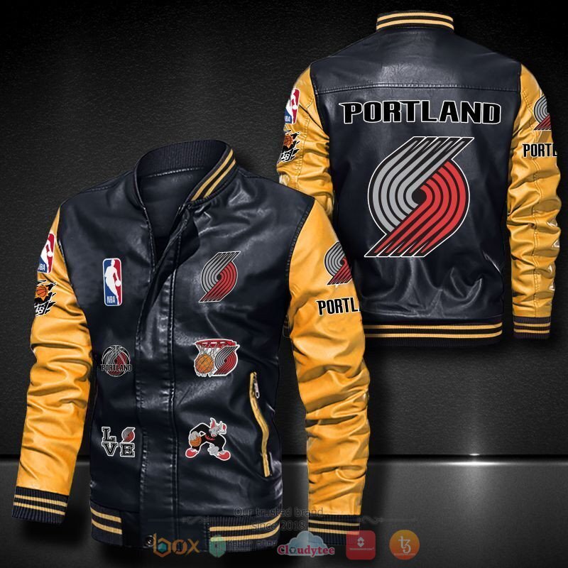 NBA Portland Trail Blazers Black Yellow Logo Team Leather Bomber Jacket NBA Portland Trail Blazers Black Yellow Logo Team Leather Bomber Jacket
