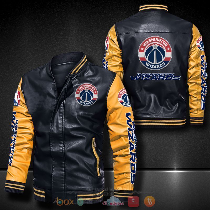 NBA Washington Wizards Navy Yellow Leather Bomber Jacket
