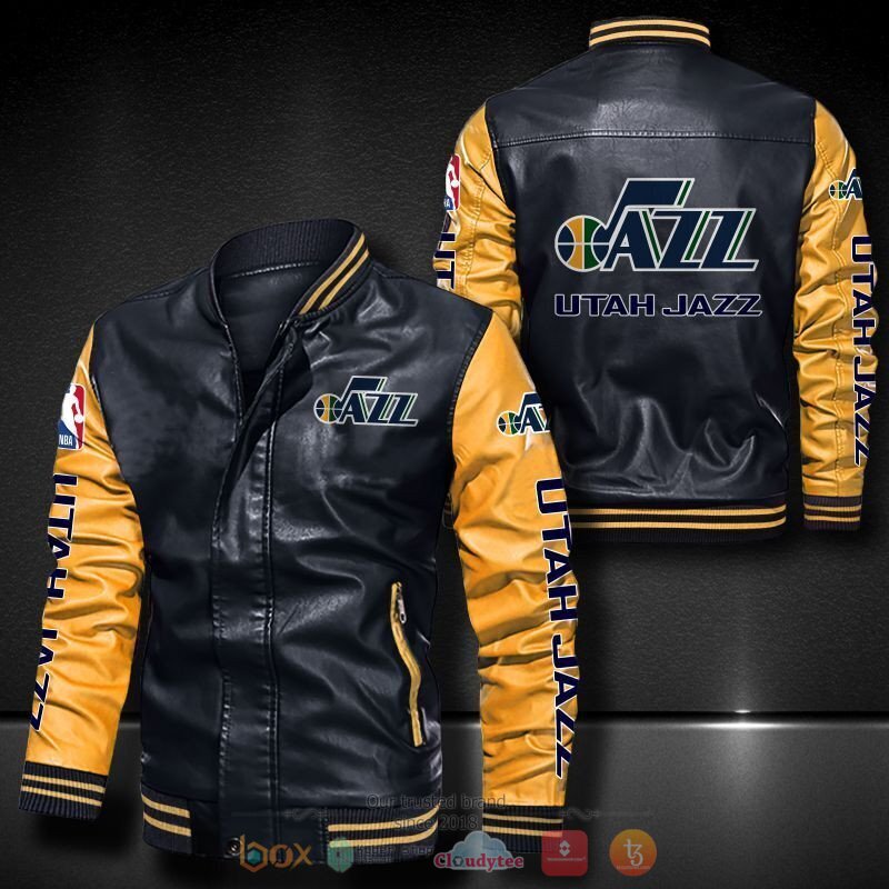 NBA Utah Jazz Black Yellow Leather Bomber Jacket NBA Utah Jazz Black Yellow Leather Bomber Jacket