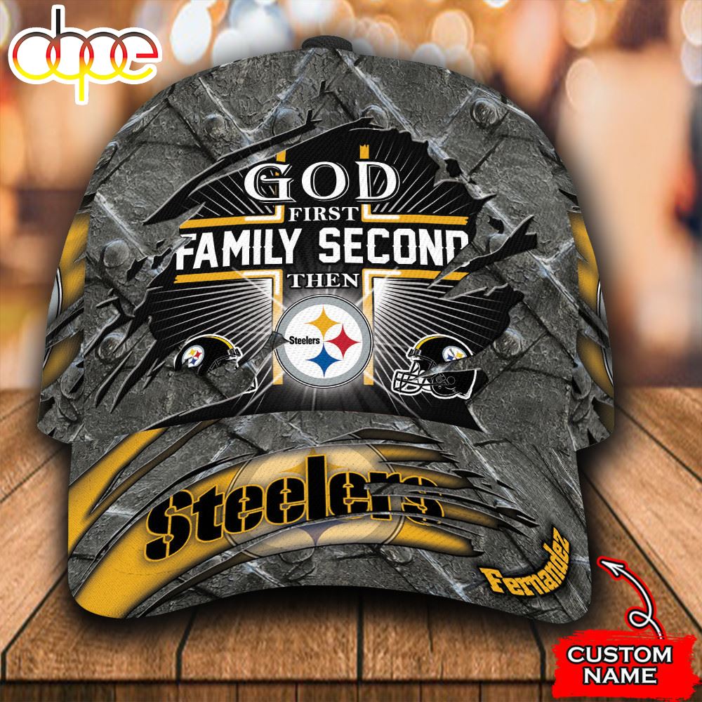 NFL Pittsburgh Steelers Custom Name God First Family Second Classic Cap NFL Pittsburgh Steelers Custom Name God First Family Second Classic Cap