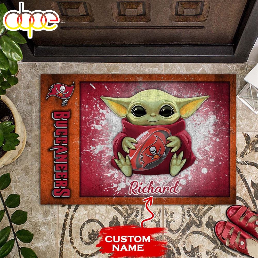 NFL Tampa Bay Buccaneers Custom Name Baby Yoda Rubber Doormat NFL Tampa Bay Buccaneers Custom Name Baby Yoda Rubber Doormat