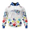NFL New England Patriots Custom Name Number Autism Awareness Hands Pullover Hoodie