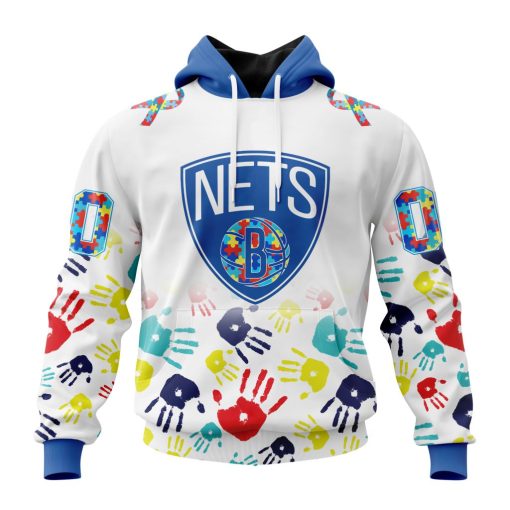 NBA Brooklyn Nets Custom Name Number Autism Awareness Hands Pullover Hoodie