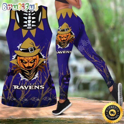 NFL Baltimore Ravens Pumpkin Halloween Hollow Tank Top and Leggings