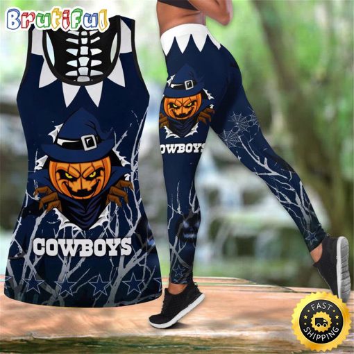 NFL Dallas Cowboys Pumpkin Halloween Hollow Tank Top and Leggings