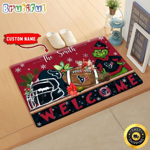 NFL Houston Texans Custom Name Grinch Christmas Edition Rubber Doormat