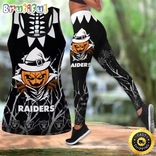 NFL Las Vegas Raiders Pumpkin Halloween Hollow Tank Top and Leggings