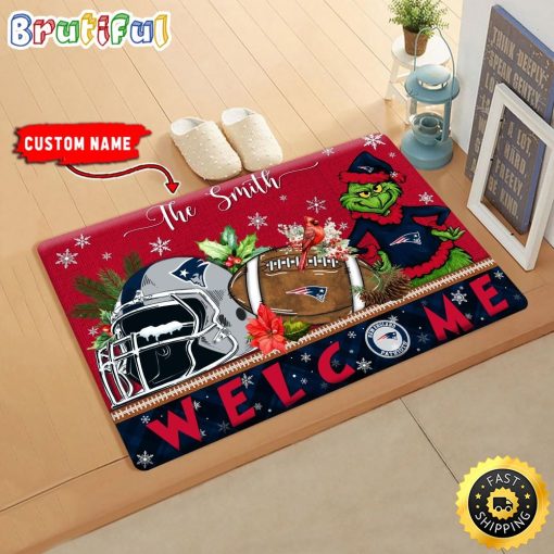 NFL New England Patriots Custom Name Grinch Christmas Edition Rubber Doormat