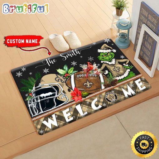 NFL New Orleans Saints Custom Name Grinch Christmas Edition Rubber Doormat