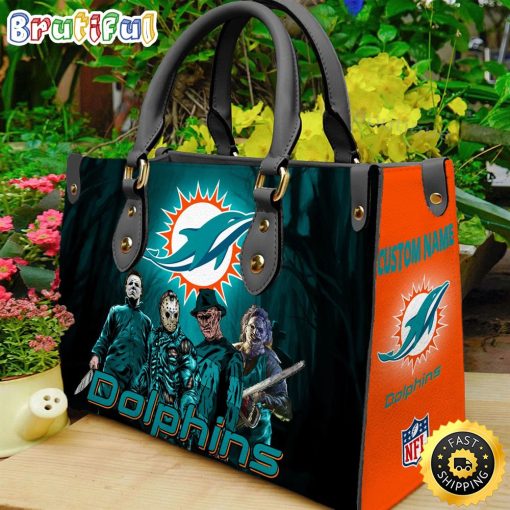 NFL Miami Dolphins Custom Name Halloween Edition Leather Hand Bag